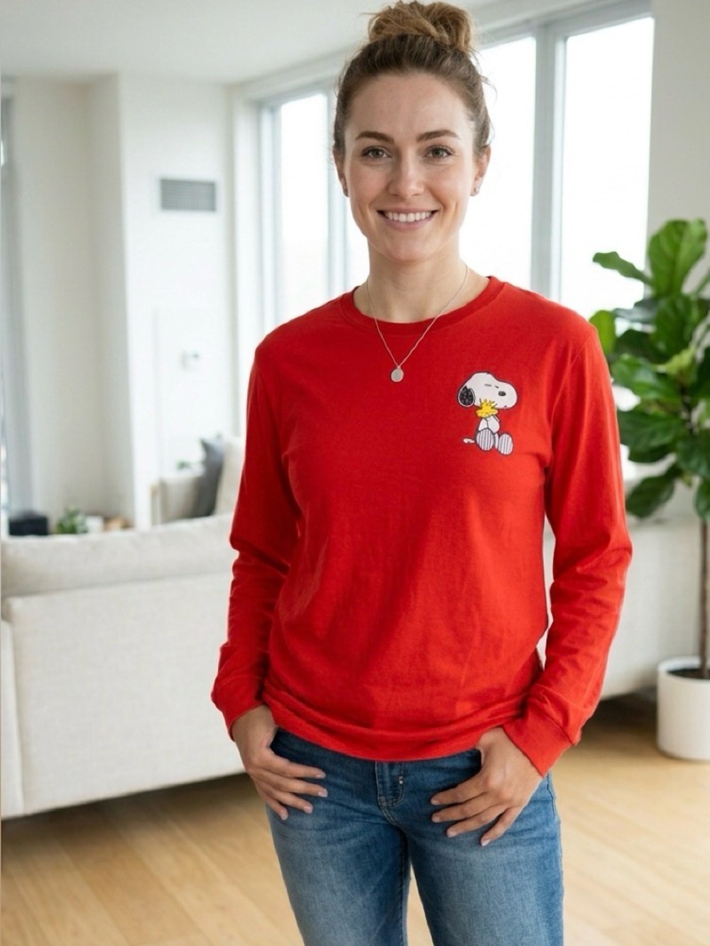 126. NWOT Peanuts Red Long-Sleeve Shirt with Snoopy & Woodstock Chest Graphic